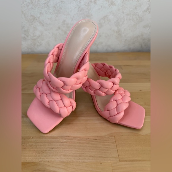 No Brand Shoes - Pink Braided Strap Stiletto Heels Square Toe Mule Sandals 5.5